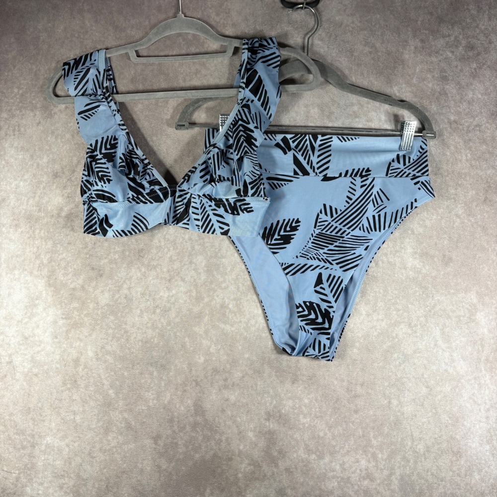 Aerie Bikini Women M/L Blue Palm Print Ruffle‎ Triangle High Cut Cheeky